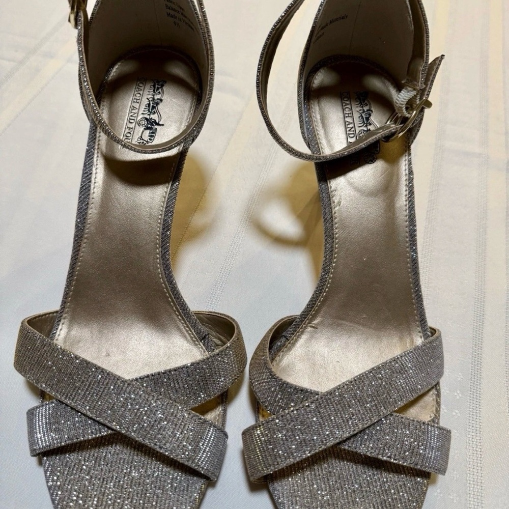 Coach And Four Gold Glitter Heels Size 9.5 Ankle Strap Sparkle Sandals